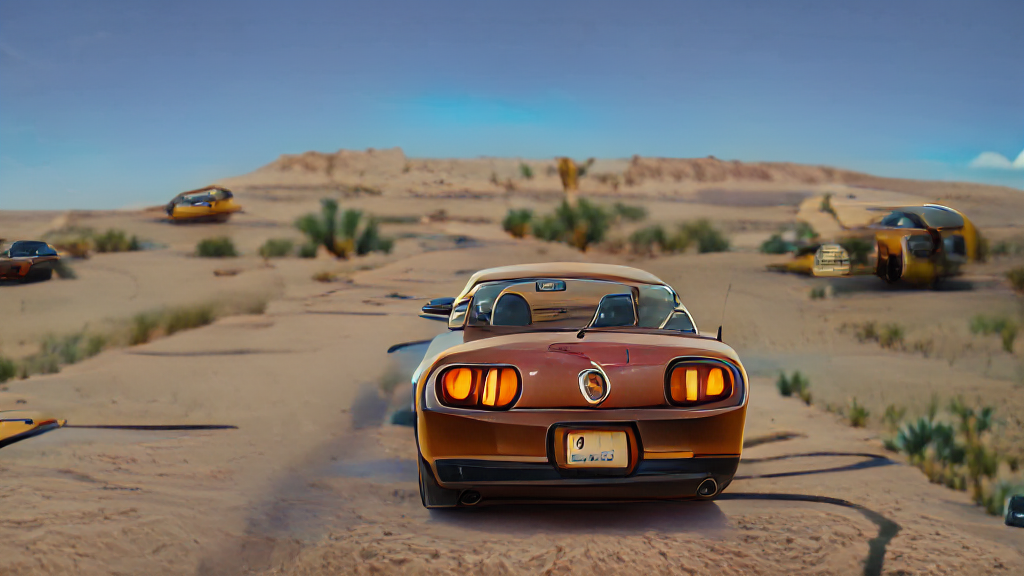 Futuristic car driving through a desert landscape with flying vehicles in the background

