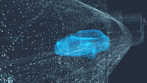 3D Lidar scan of a car with animated light points for detection and navigation
