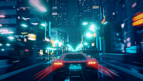 Sports car driving at high speed through a futuristic city at night with neon lights