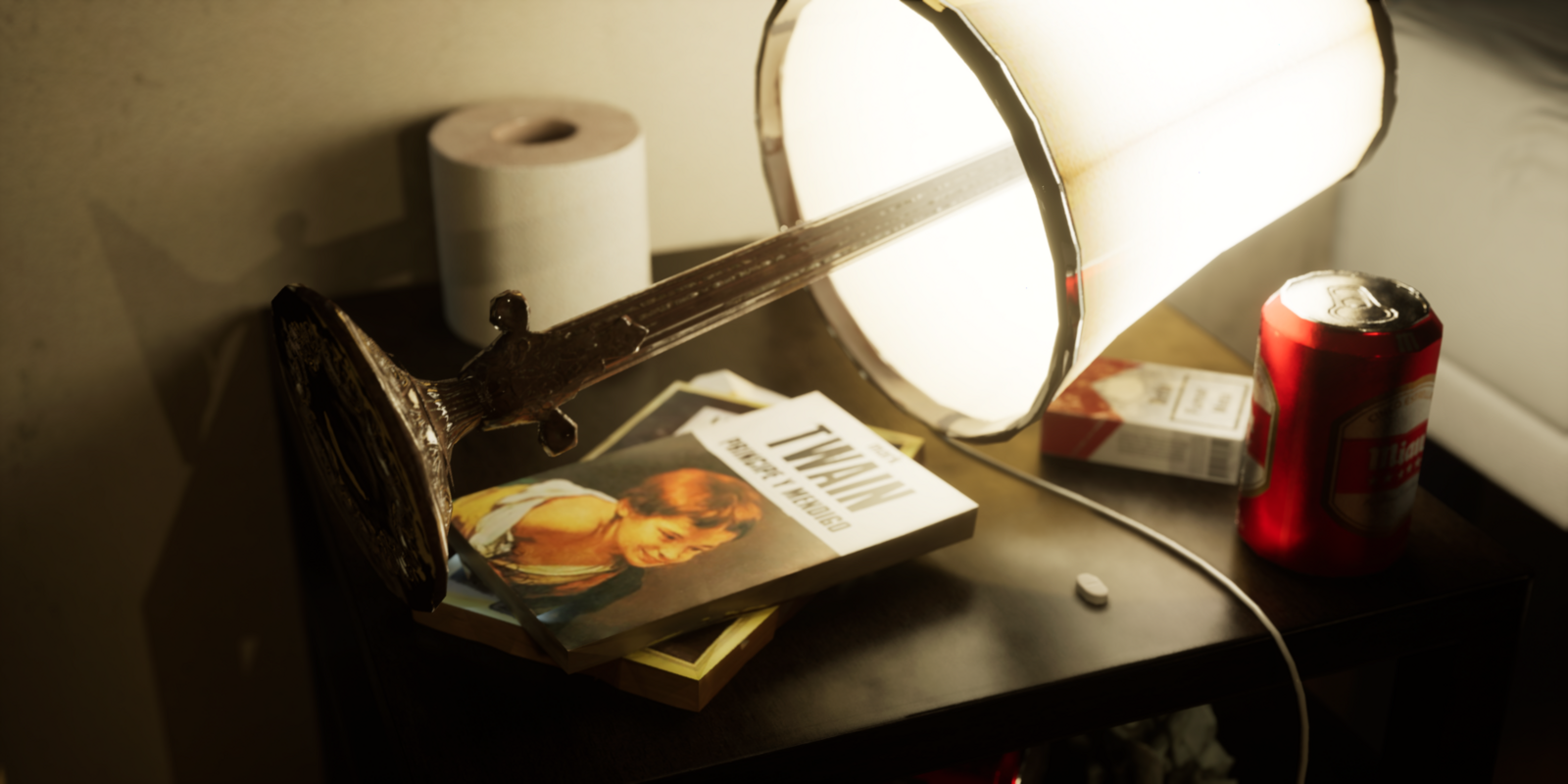 Nightstand with a fallen lamp, books, a beer can, cigarette pack, and a pill, suggesting a messy and possibly concerning scene