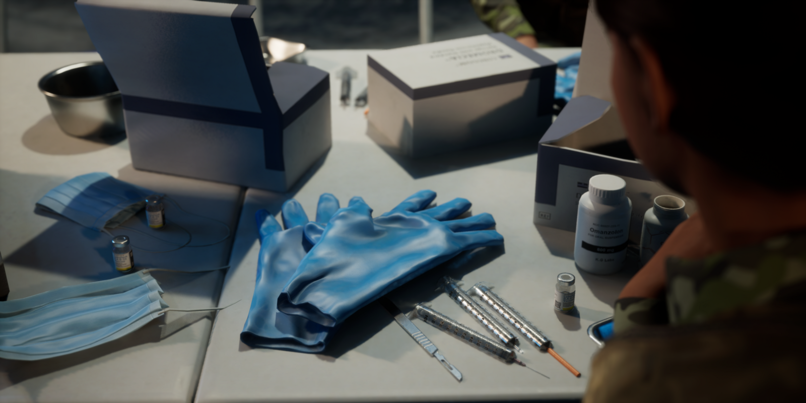 Medical supplies on a table including gloves, syringes, and medicine bottles