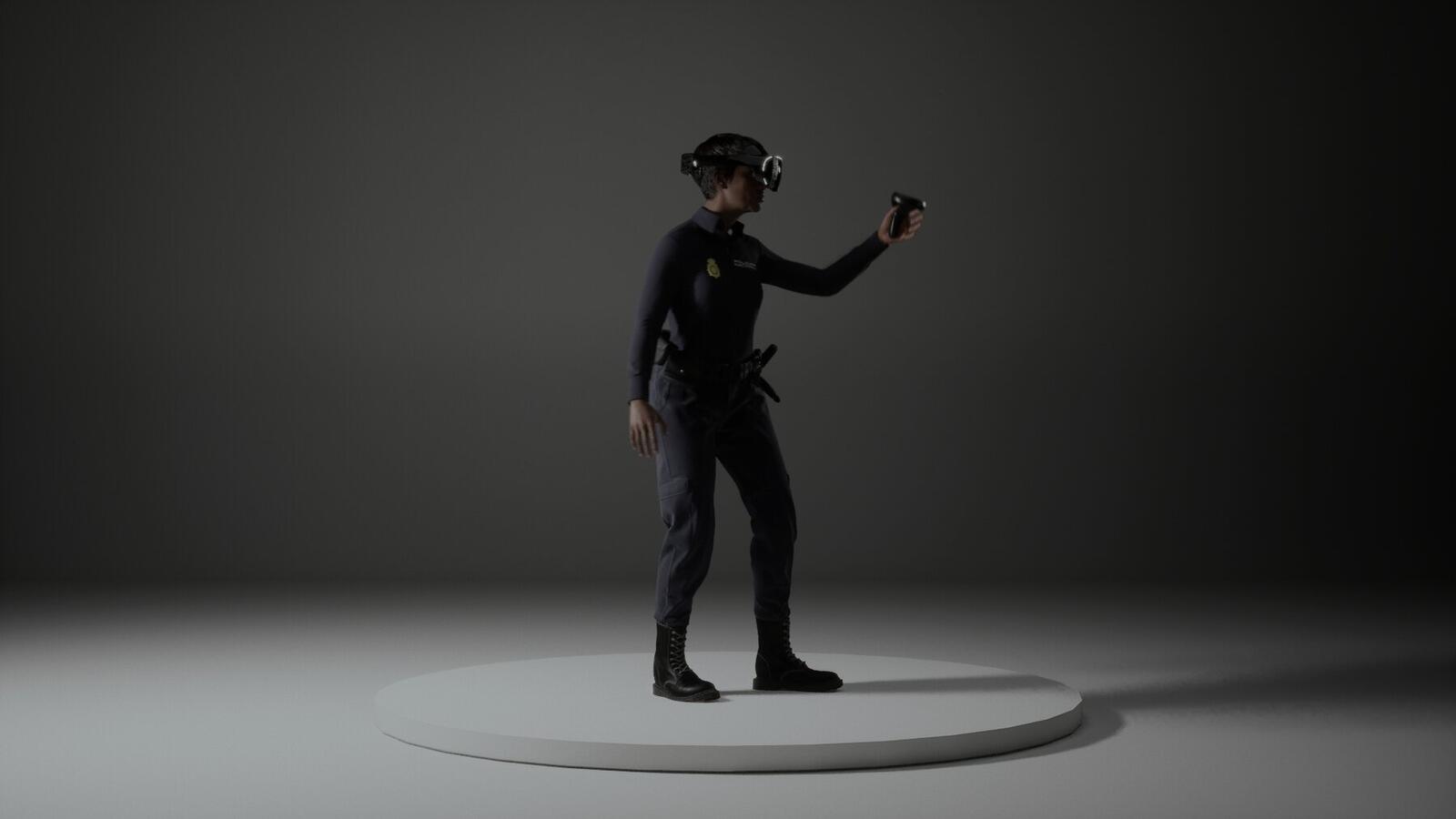 Police officer using VR headset and controller for training simulation on a neutral background