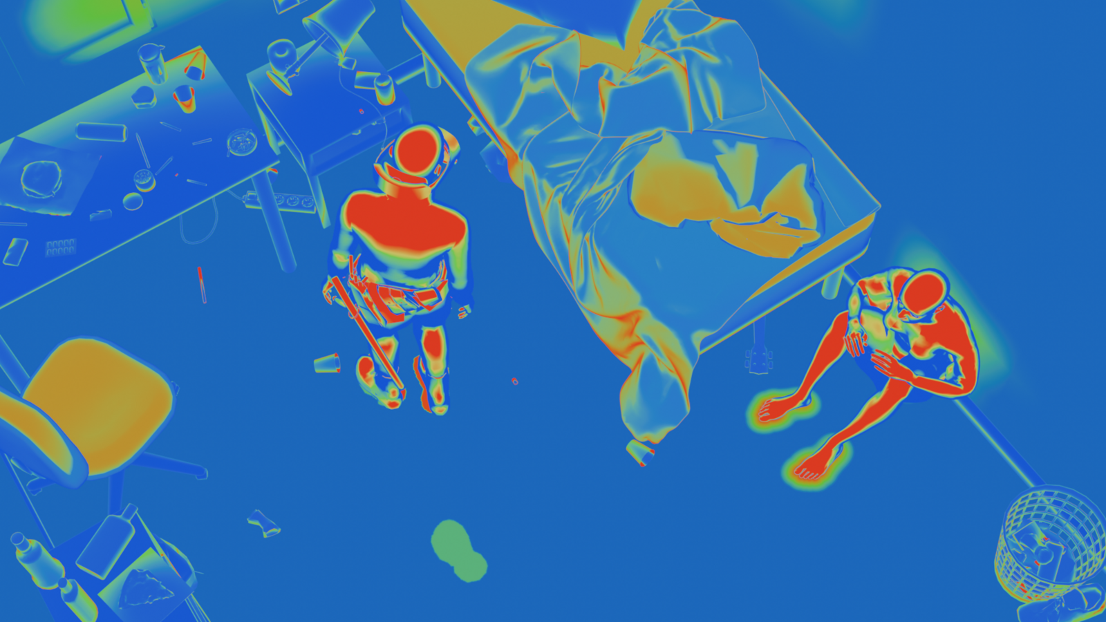 Thermal view of a crime scene with two people and scattered objects in a messy room