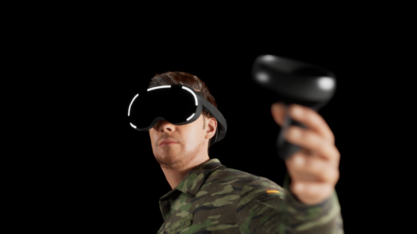 Military personnel using virtual reality headset and controller for training simulation