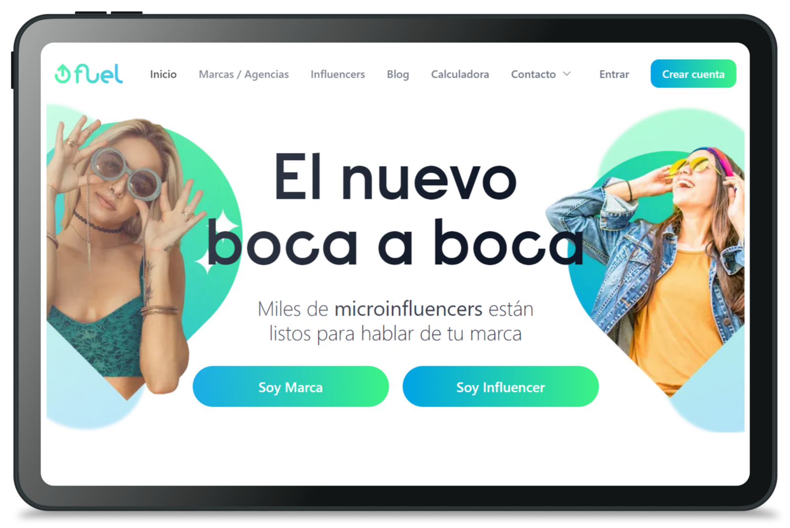 Fuel Your Brands landing page with call to action for influencers and brands