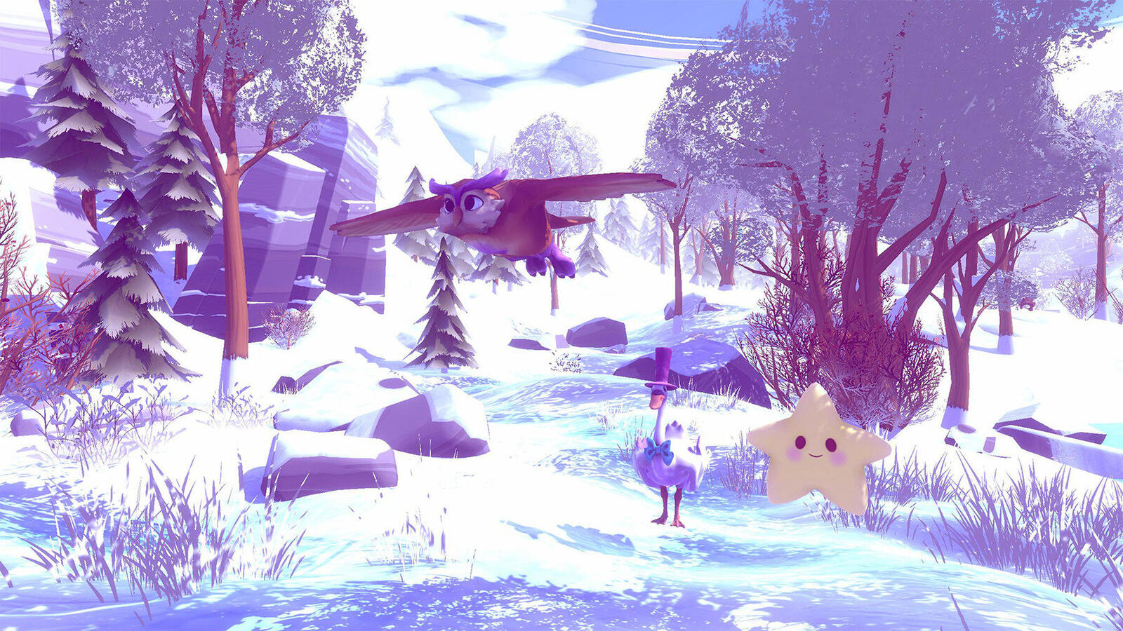 Snowy scene with fantasy characters like an owl, a swan, and a smiling star