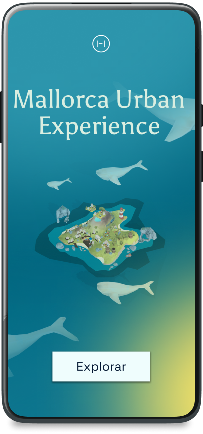 Mallorca Urban Experience mobile home screen with 3D island and whales, including explore button