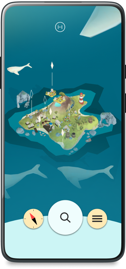 Mobile app interface showing map of Mallorca Urban Experience with whales and 3D icons