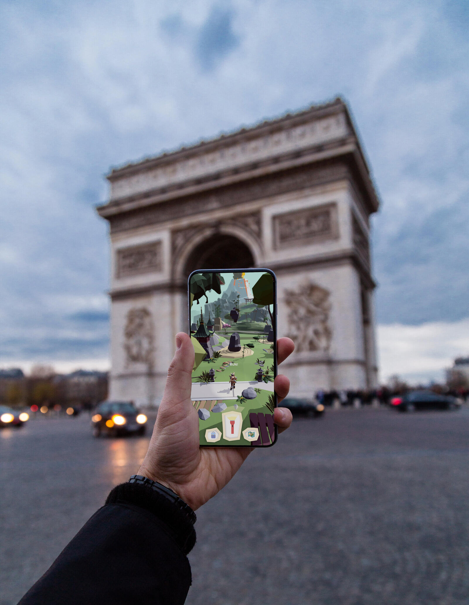 Augmented reality experience from Map of History app at Arc de Triomphe, Paris