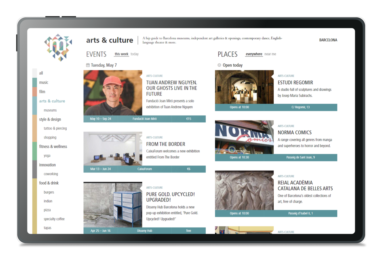 Miniguide website showing events and places on a tablet mockup