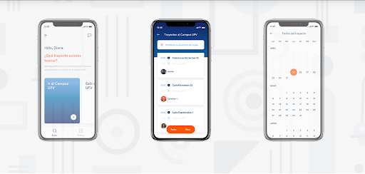 Carsharing app interface on three mobile phones displaying route selection and calendar for booking rides