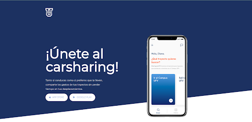  Carsharing app landing page with mobile interface showcasing trip options and registration