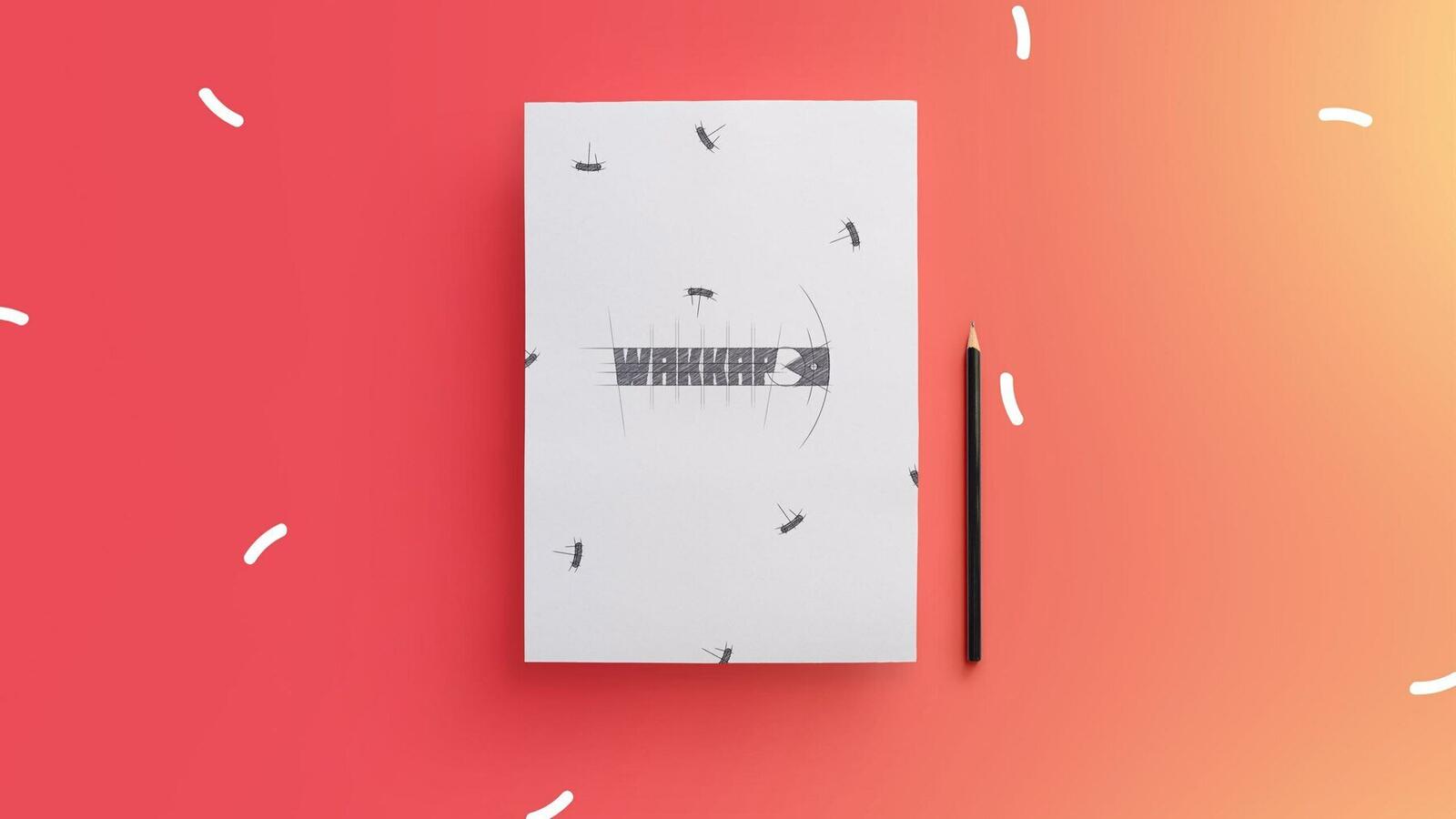 Wakkap hand-drawn logo sketch on paper with pencil