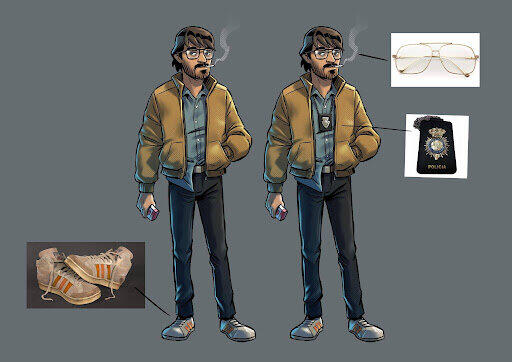 Character design of detective from Yrrealidad Augmented Reality project with outfit and accessories references