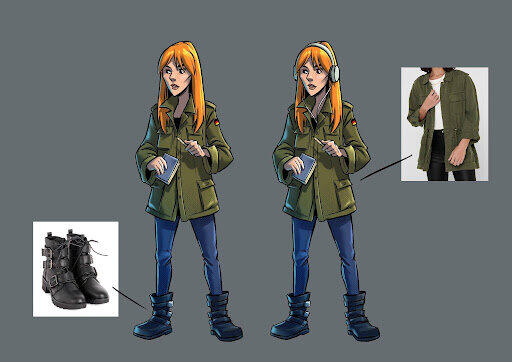 Character design of girl from Yrrealidad Augmented Reality project with outfit references